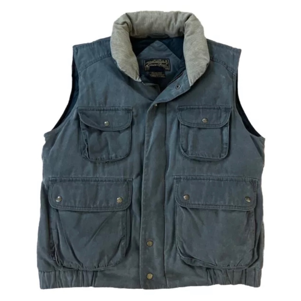 Vintage Eddie Bauer Goose Down Vest Large Gray Lined Corduroy Hunting Chore Barn
